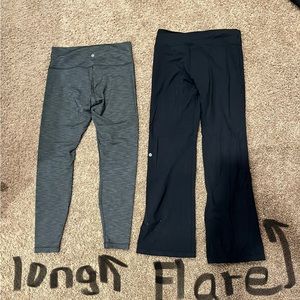 Lululemon pants. Both are Size 10. Grey pair are long. Black pair are flare.